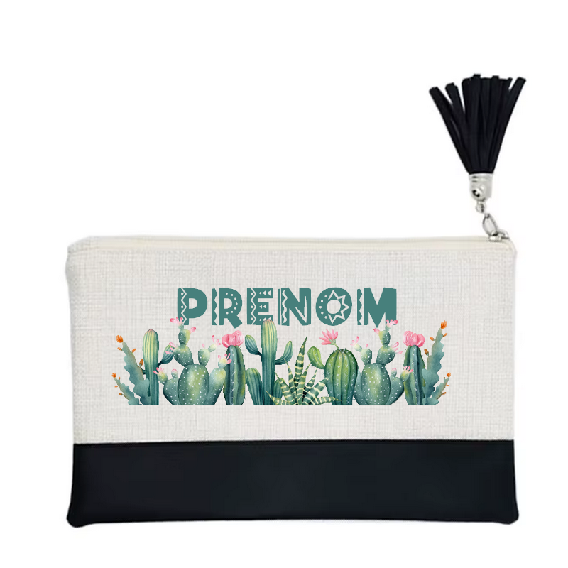 Pochette personnalisée motif cactus succulent en toile et simili cuir personnalisée