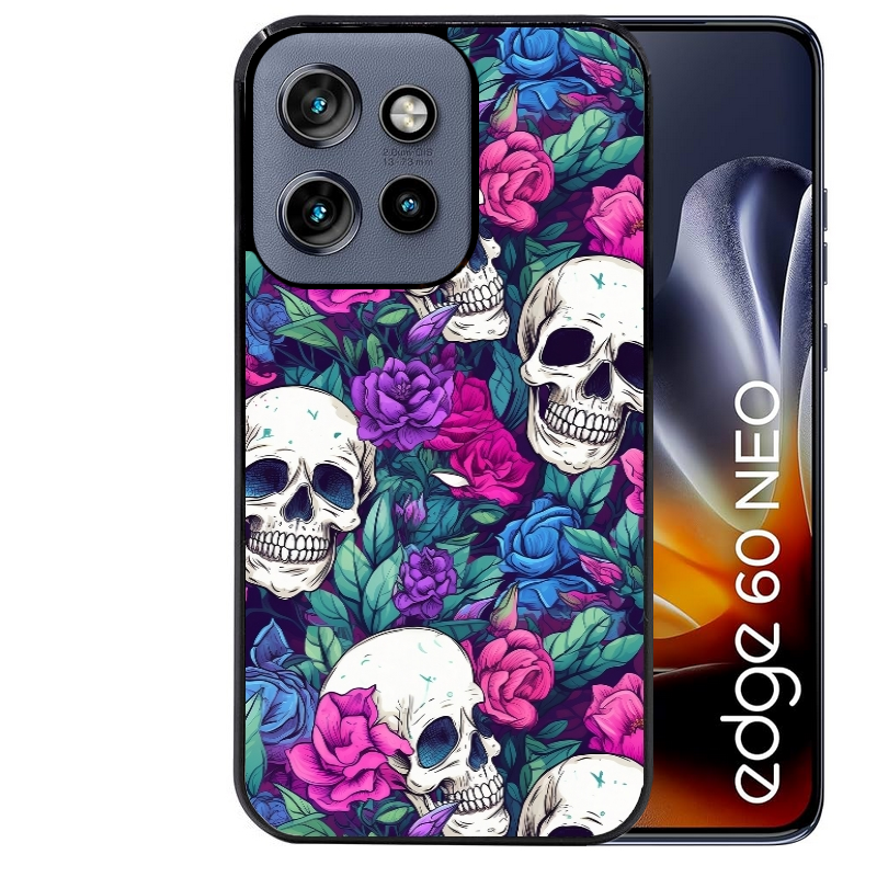 Coque noire taperso pour Moto Edge 60 et Neo Fusion Pro avec motif tete de mort violet protection antichoc personnalisée