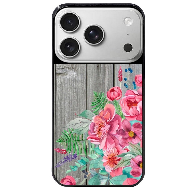 Coque noire taperso pour Iphone 17 17E AIR MAX PRO avec motif bois gris et fleur rose protection antichoc personnalisée