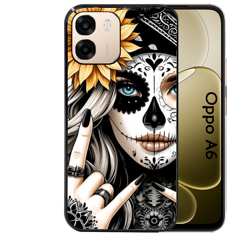 Coque noire taperso pour OPPO A6 A6X 4G et 5G avec motif tete de mort tatoo protection antichoc personnalisée