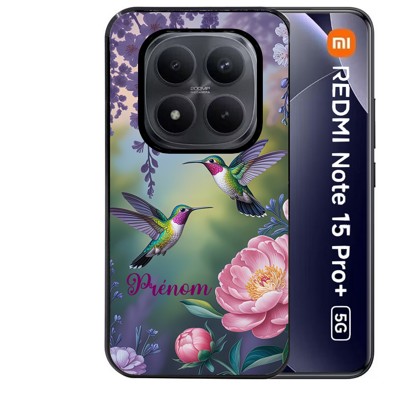 Coque noire taperso pour Redmi Note 15 et PRO PLUS 4G 5G avec motif colibri couple personnalise protection antichoc personnalisée
