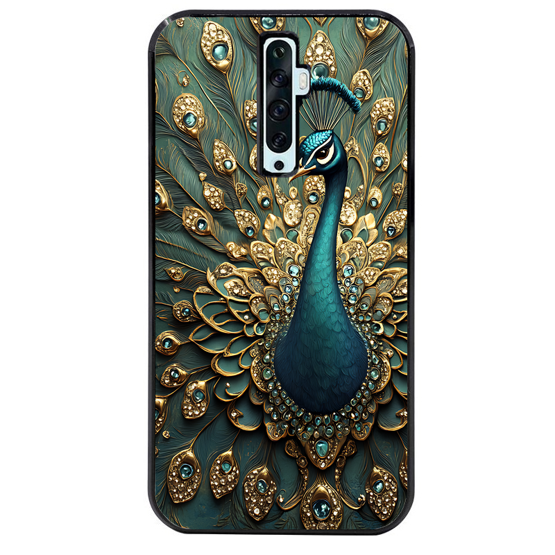 Coque noire taperso pour OPPO Reno 2 et 2Z avec motif paon bijoux protection antichoc personnalisée