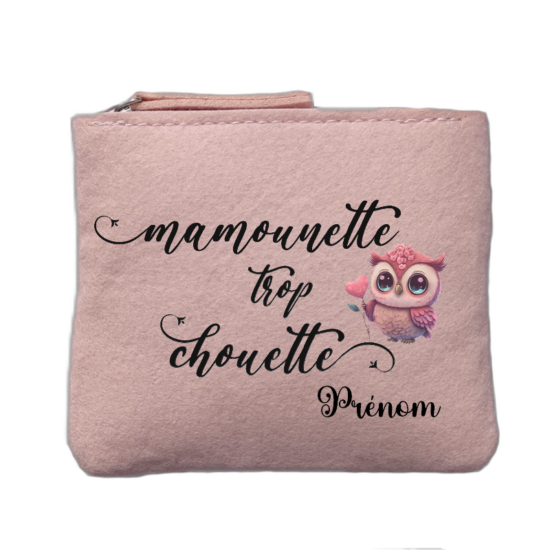 Porte monnaie personnalisé motif maman chouette rose clair en feutrine en feutrine