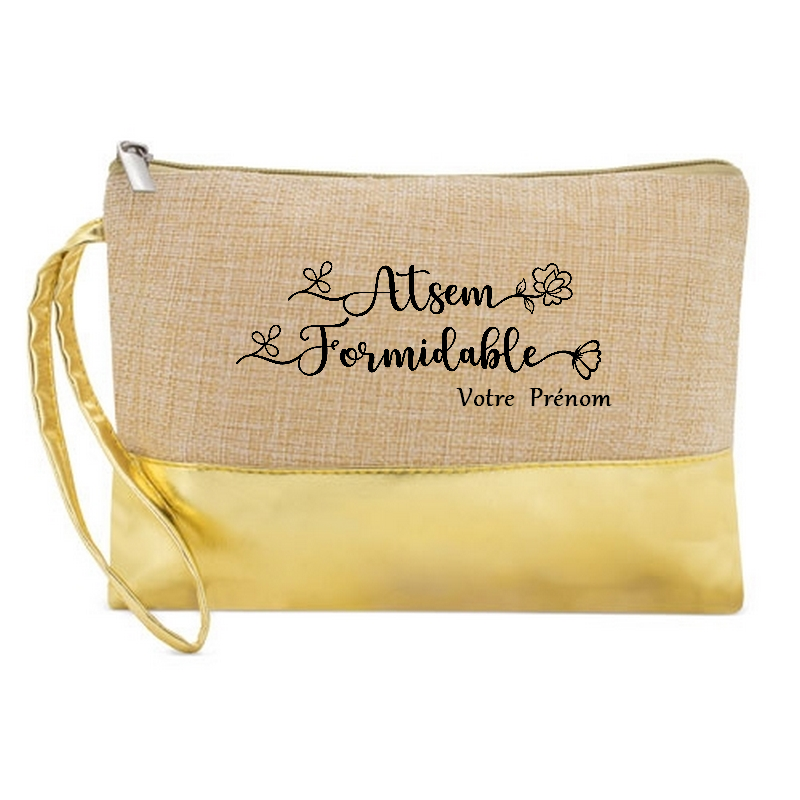 Pochette personnalisée Atsem formidable en jute et doré en jute et doré