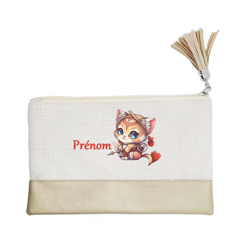 Pochette personnalisée motif chat cupidon en toile et simili cuir personnalisée