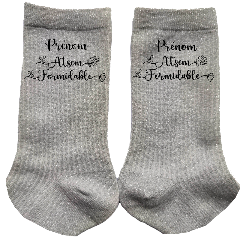 Chaussettes personnalisées paillettes argent motif atsem formidable
