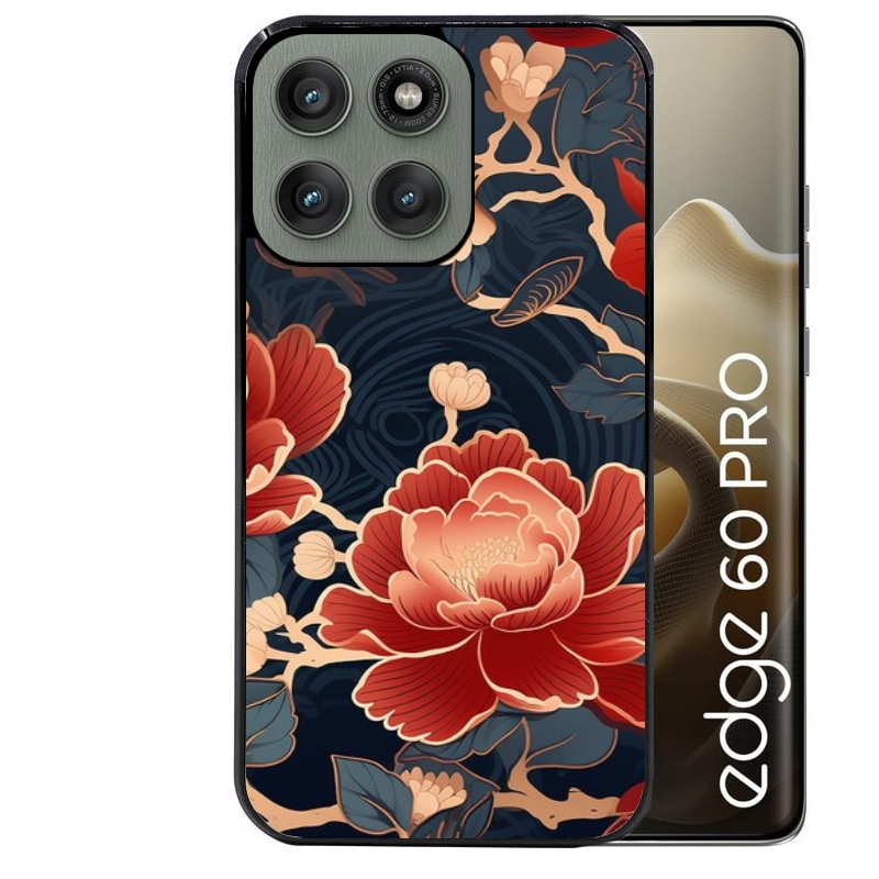 Coque noire taperso pour Moto Edge 60 et Neo Fusion Pro avec motif fleur japan protection antichoc personnalisée