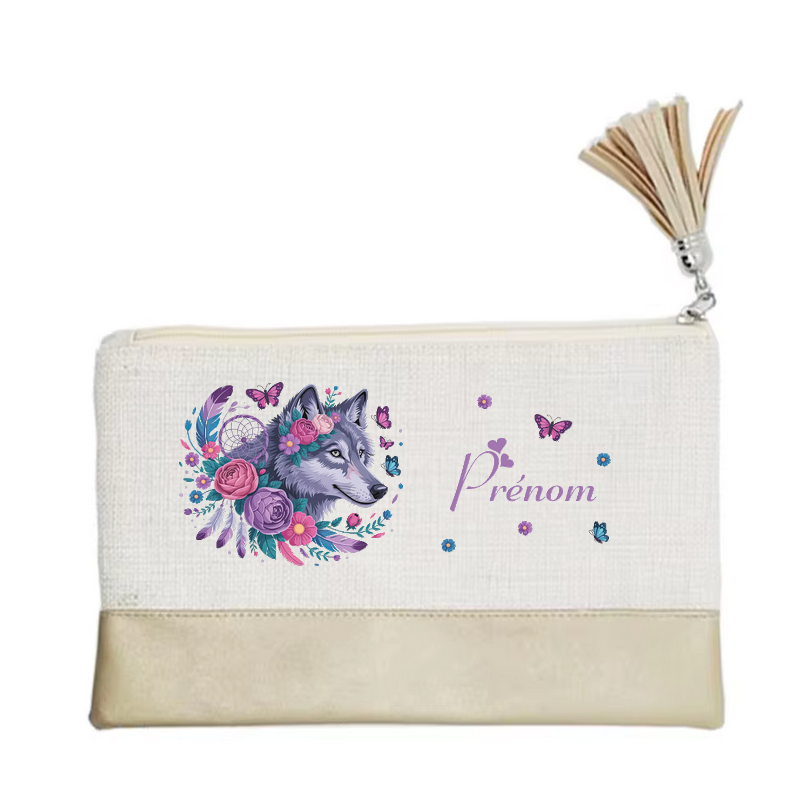 Pochette personnalisée motif loup dreamcatcher en toile et simili cuir personnalisée