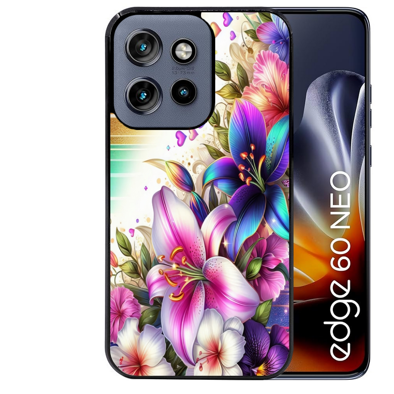 Coque noire taperso pour Moto Edge 60 et Neo Fusion Pro avec motif fleur fluo protection antichoc personnalisée