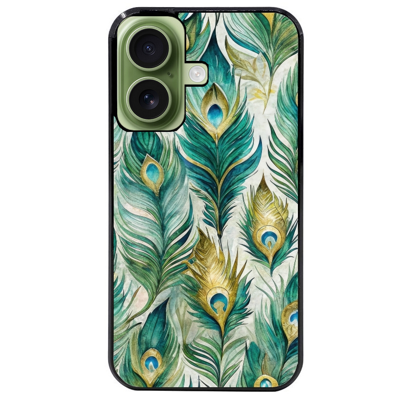 Coque noire taperso pour Iphone 16 16E PLUS MAX PRO avec motif paon plumes protection antichoc personnalisée