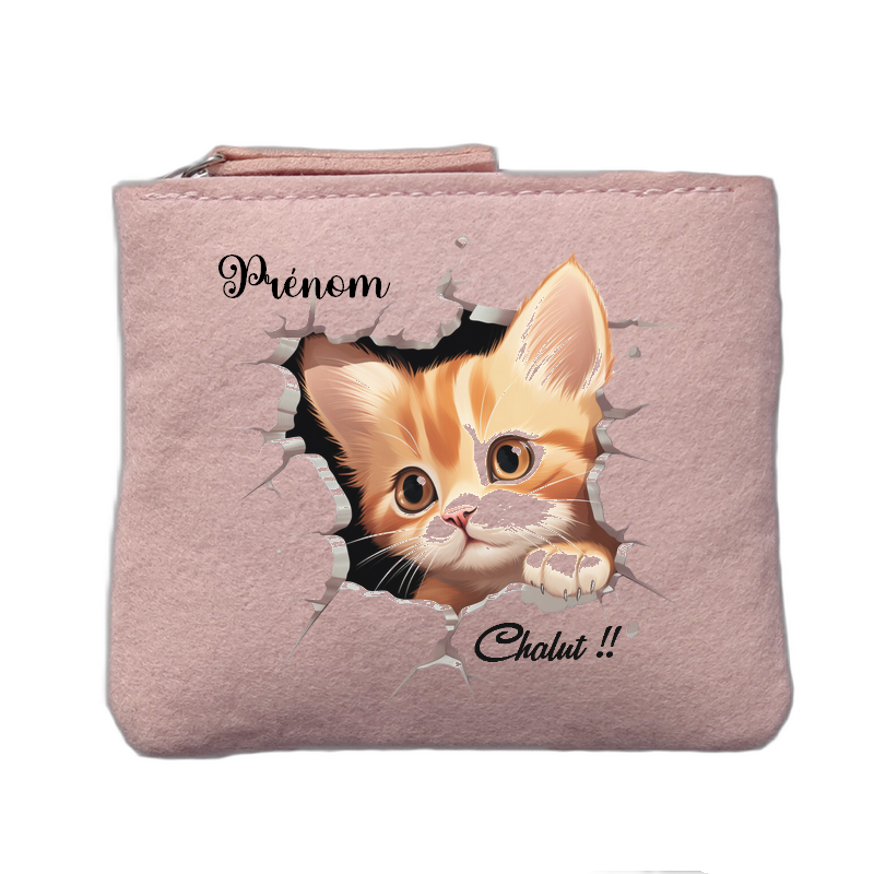 Porte monnaie personnalisé motif chat chalut rose clair en feutrine en feutrine