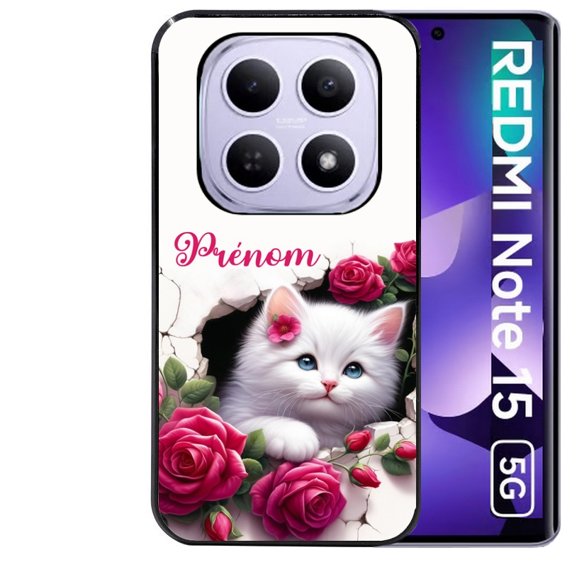 Coque noire taperso pour Redmi Note 15 et PRO PLUS 4G 5G avec motif chat fleurs personnalisee protection antichoc personnalisée