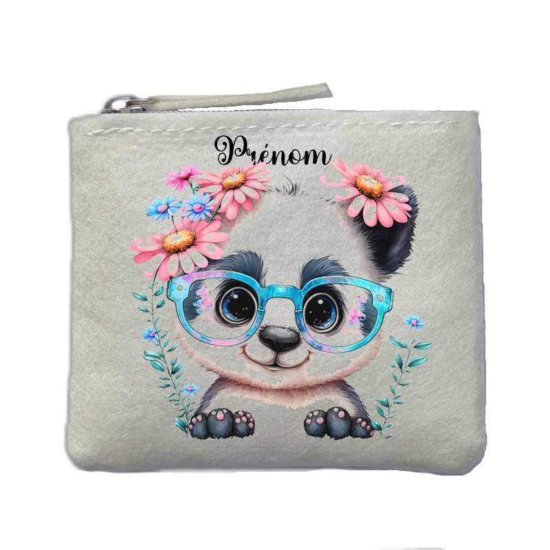 Porte monnaie personnalisé panda lunettes ivoire en feutrine en feutrine ivoire