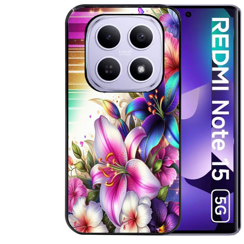 Coque noire taperso pour Redmi Note 15 et PRO PLUS 4G 5G avec motif fleur fluo protection antichoc personnalisée