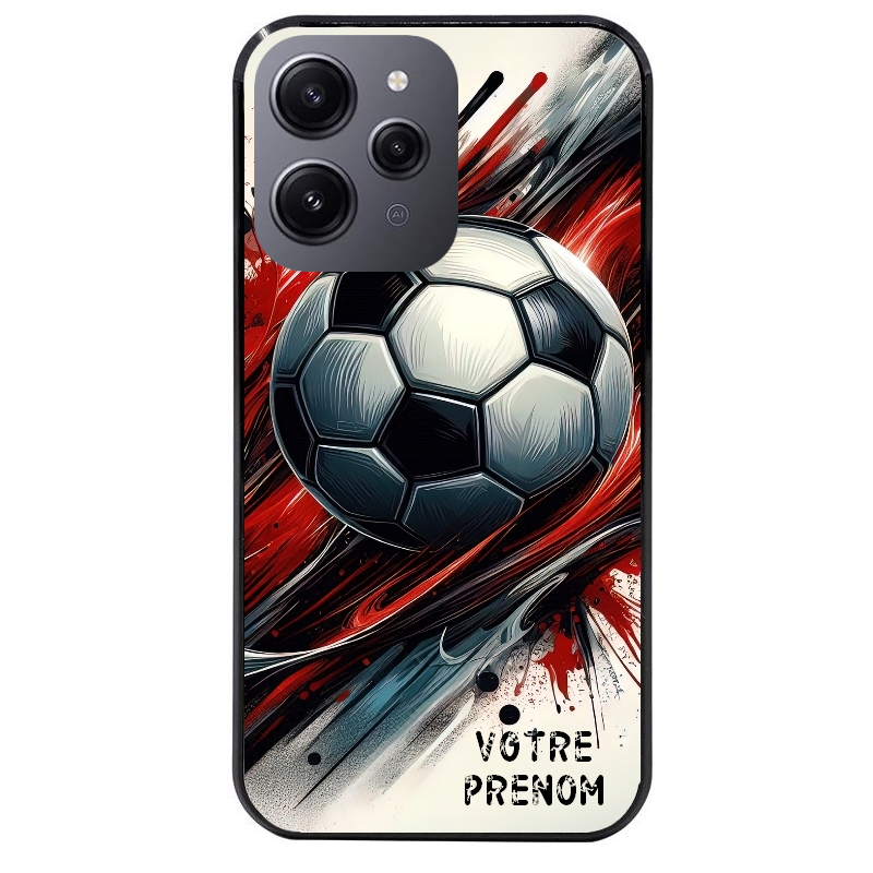 Coque noire taperso pour Redmi 12 4G et 5G avec motif ballon foot avec prenom protection antichoc personnalisée