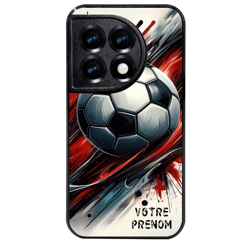 Coque noire taperso pour OnePlus 11 et 12 avec motif ballon foot avec prenom protection antichoc personnalisée