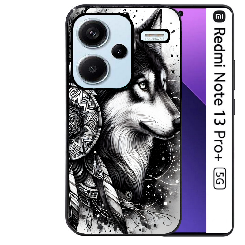 Coque noire taperso pour Redmi Note 13 PRO PLUS 5G avec motif loup dreamcatcher protection antichoc personnalisée