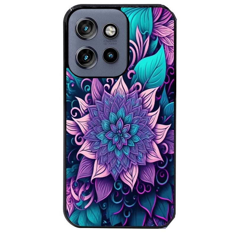 Coque noire taperso pour Moto Edge 60 et Neo Fusion Pro avec motif tropical mandala et fleur violet protection antichoc personnalisée