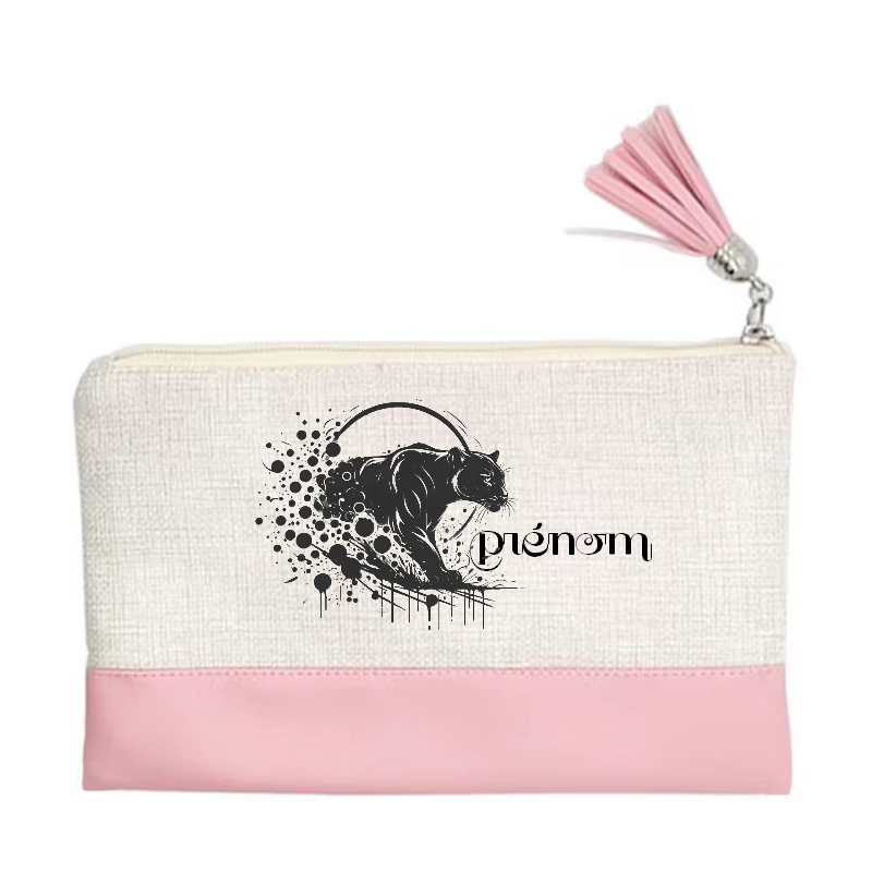 Pochette personnalisée motif panthere black en toile et simili cuir personnalisée