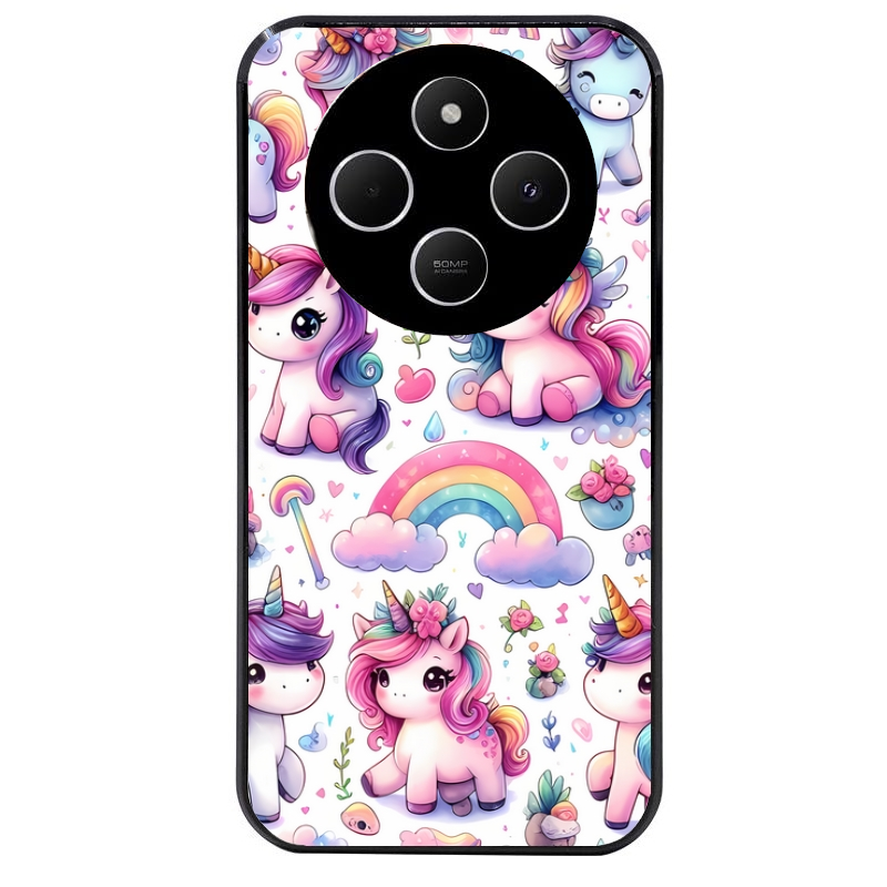 Coque noire taperso pour POCO C75 avec motif licorne arc en ciel protection antichoc personnalisée