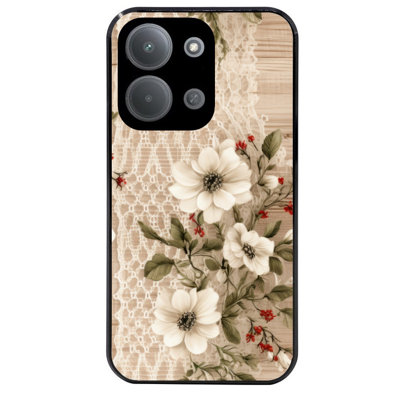 Coque noire taperso pour POCO C85 avec motif bois et dentelle 2 protection antichoc personnalisée