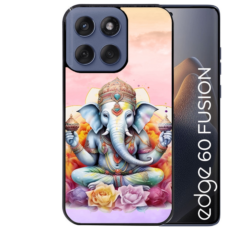 Coque noire taperso pour Moto Edge 60 et Neo Fusion Pro avec motif elephant namaste protection antichoc personnalisée