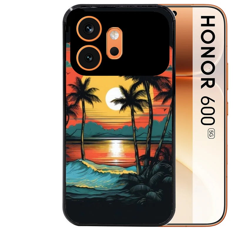 Coque noire taperso pour Honor 600 et 600 PRO avec motif hawaii palmier protection antichoc personnalisée