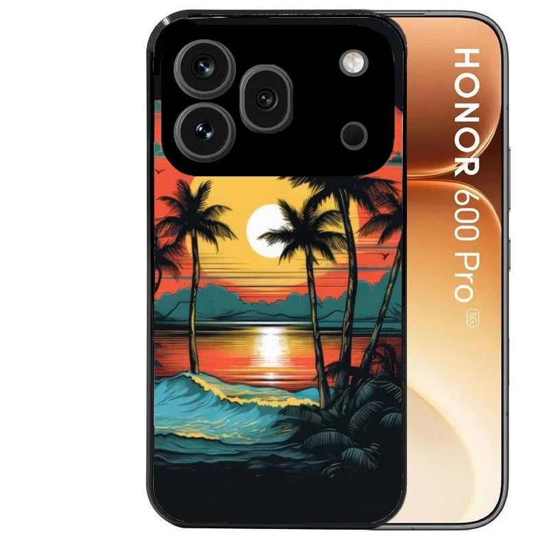 Coque noire taperso pour Honor 600 et 600 PRO avec motif hawaii palmier protection antichoc personnalisée