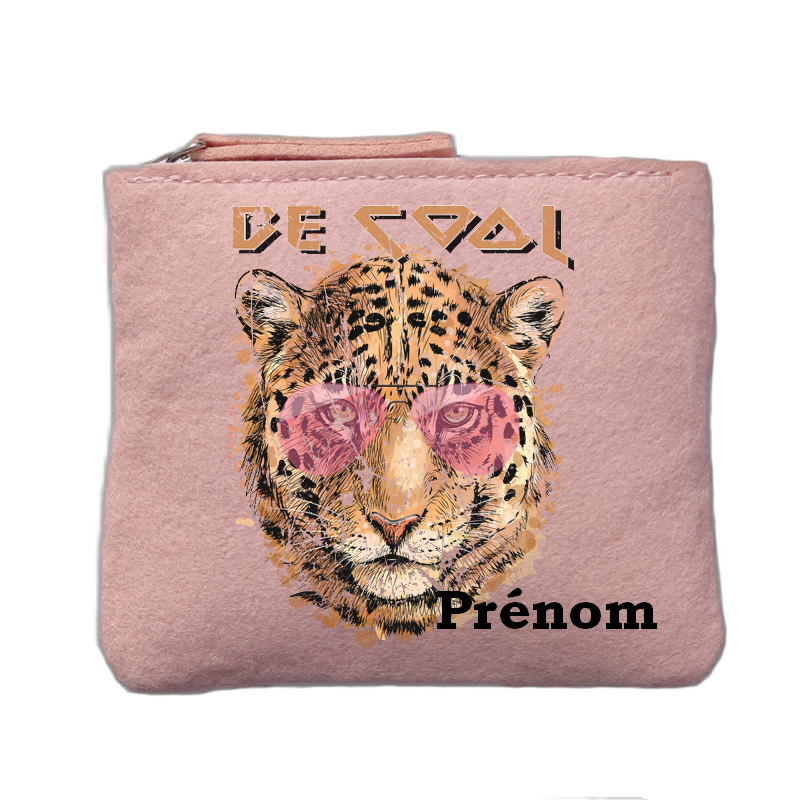 Porte monnaie personnalisé motif tigre cool rose clair en feutrine en feutrine