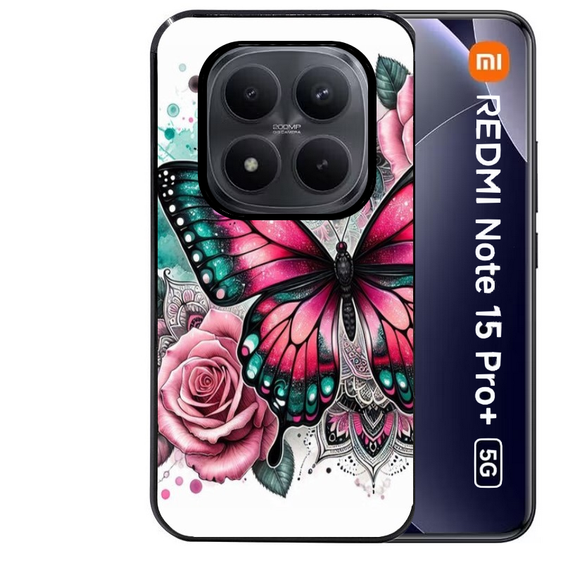Coque noire taperso pour Redmi Note 15 et PRO PLUS 4G 5G avec motif papillon rose protection antichoc personnalisée