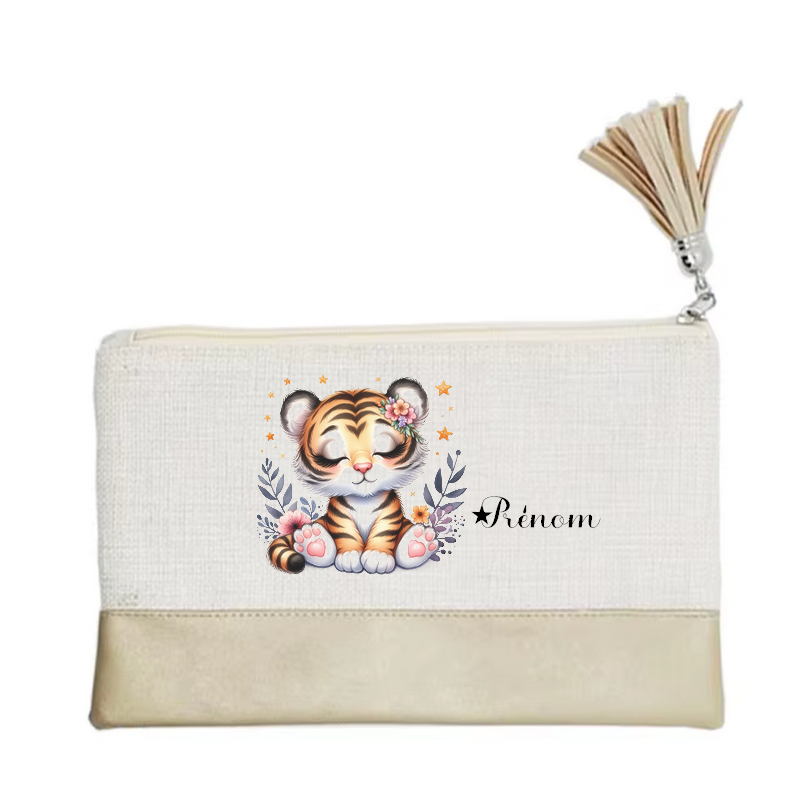 Pochette personnalisée motif tigre et fleur en toile et simili cuir personnalisée