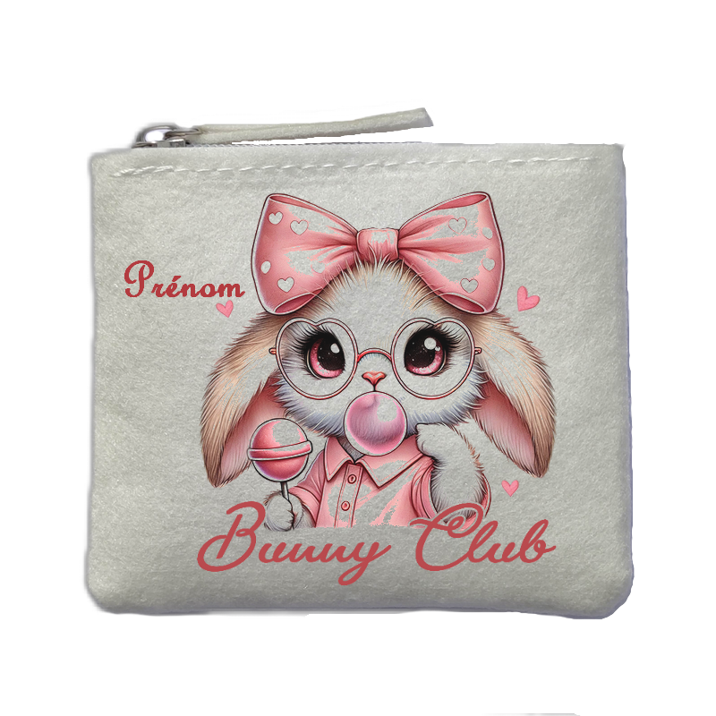 Porte monnaie personnalisé lapin club ivoire en feutrine en feutrine ivoire