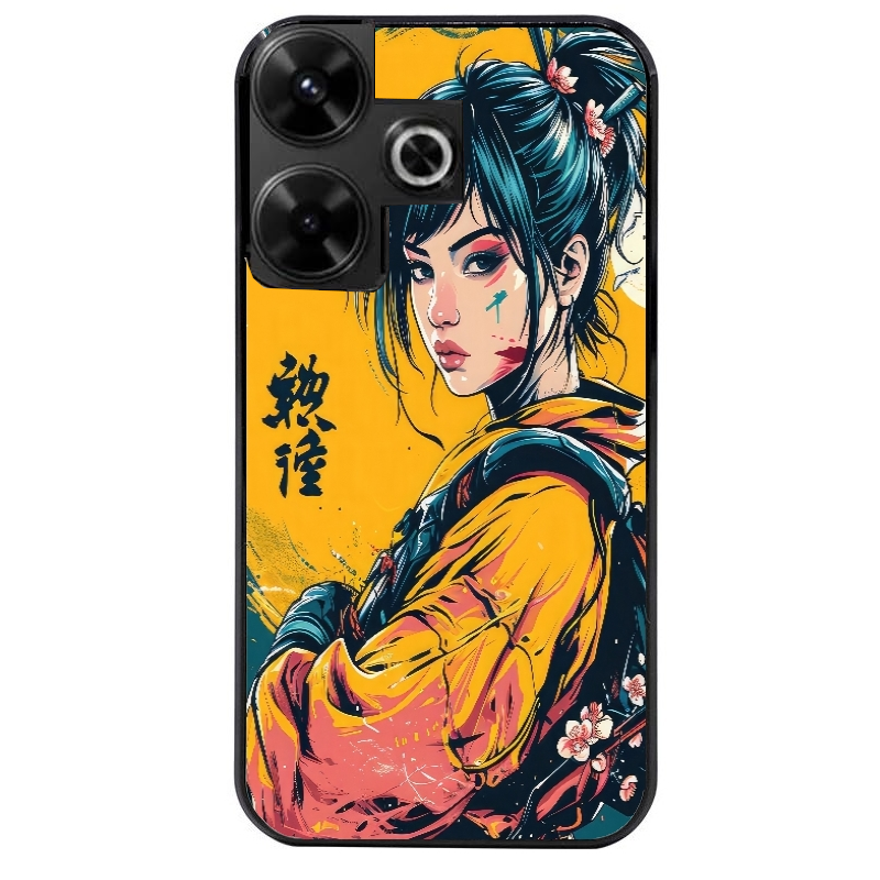 Coque noire taperso pour POCO M6 4G avec motif samourai girl anime protection antichoc personnalisée
