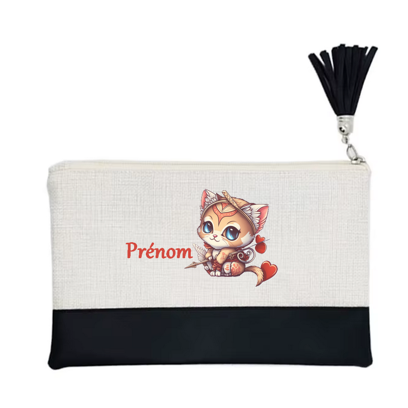 Pochette personnalisée motif chat cupidon en toile et simili cuir personnalisée