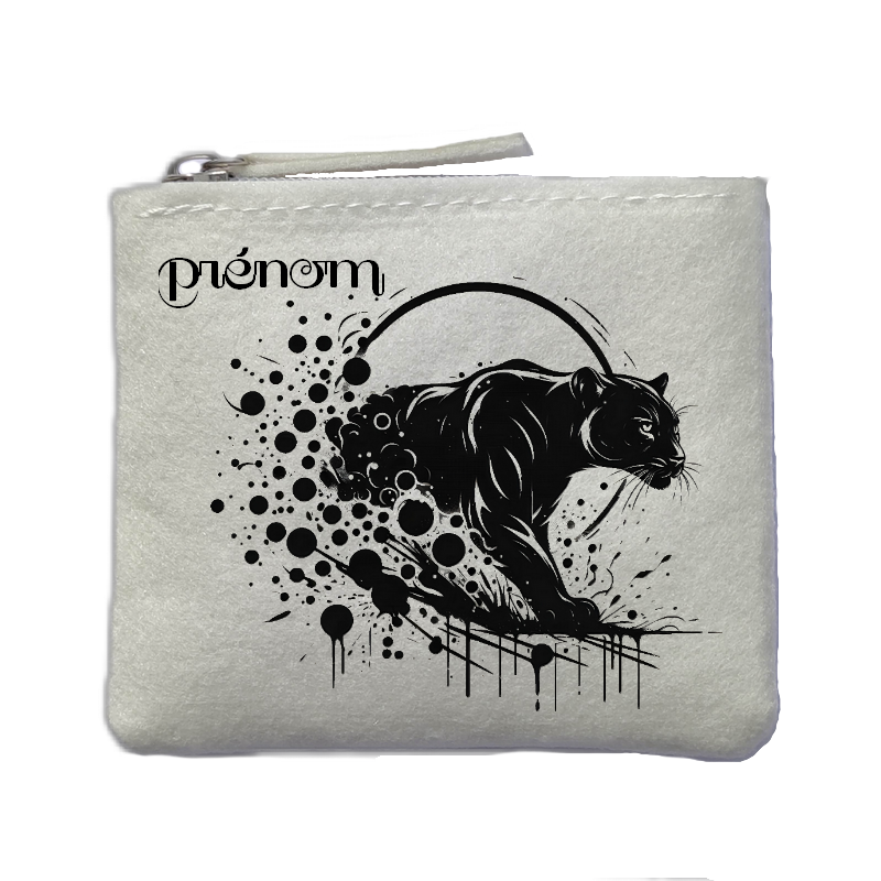 Porte monnaie personnalisé panthere black ivoire en feutrine en feutrine ivoire
