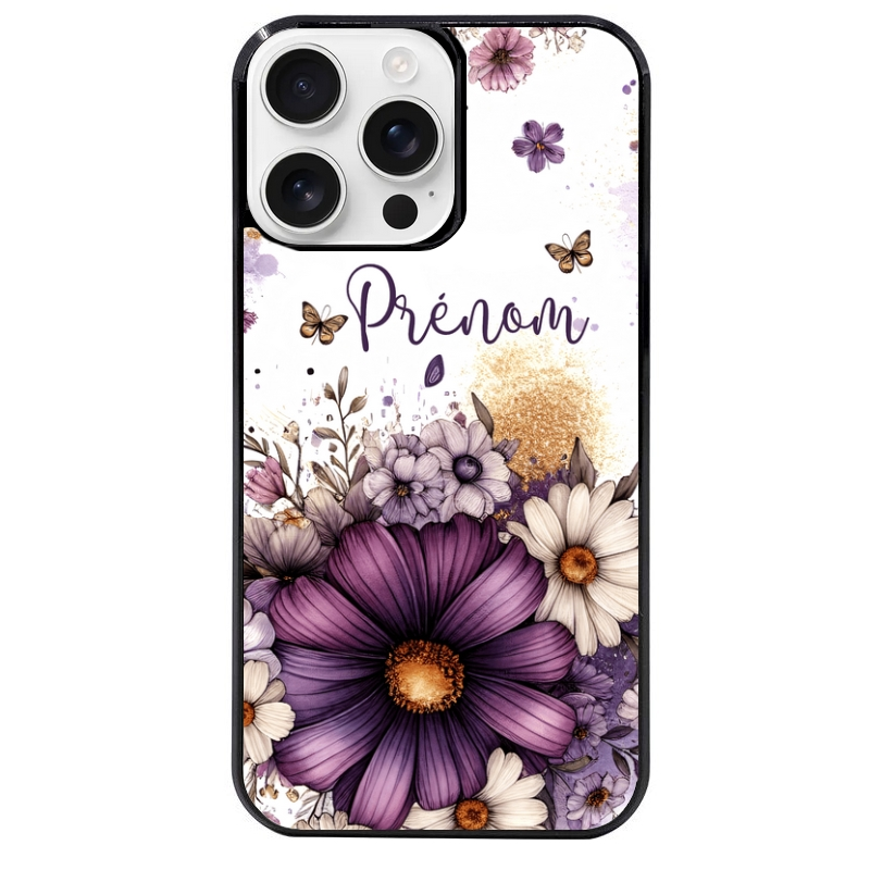 Coque noire taperso pour Iphone 16 16E PLUS MAX PRO avec motif fleur violette personnalisee protection antichoc personnalisée