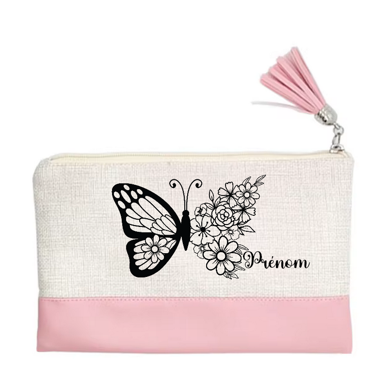 Pochette personnalisée motif papillon black en toile et simili cuir personnalisée