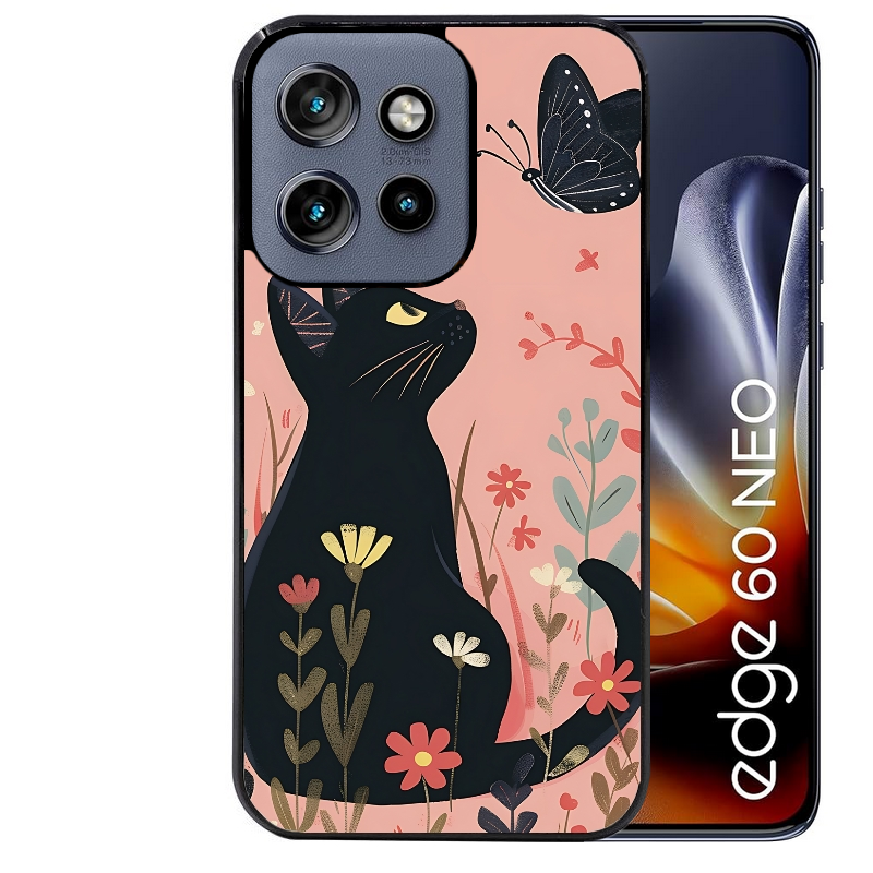 Coque noire taperso pour Moto Edge 60 et Neo Fusion Pro avec motif chat papillon 2 protection antichoc personnalisée