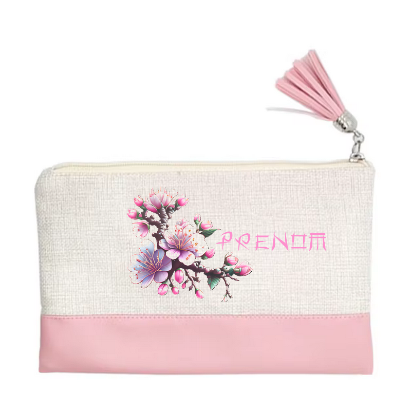 Pochette personnalisée motif fleur sakura en toile et simili cuir personnalisée
