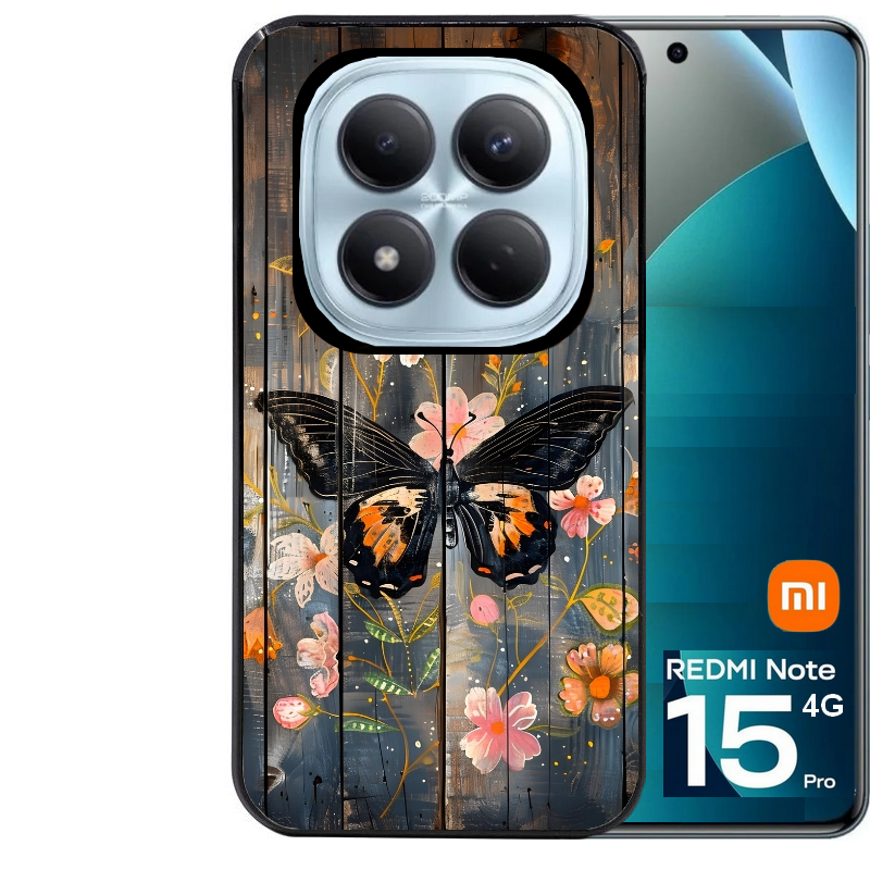 Coque noire taperso pour Redmi Note 15 et PRO PLUS 4G 5G avec motif bois et papillon 2 protection antichoc personnalisée