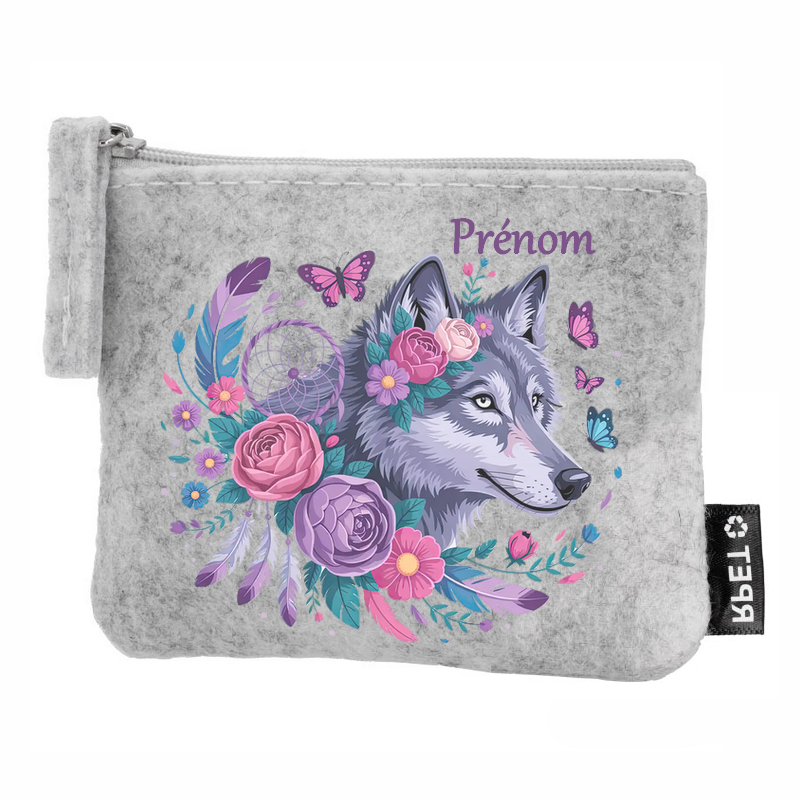 Porte monnaie personnalisé loup dreamcatcher en feutrine en feutrine