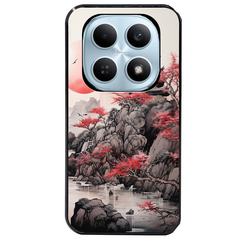 Coque noire taperso pour POCO M8 5G et PRO 5G avec motif japan et temple protection antichoc personnalisée
