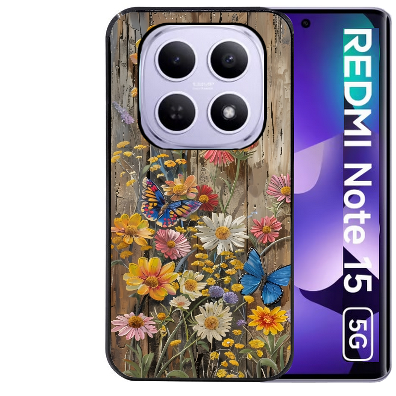 Coque noire taperso pour Redmi Note 15 et PRO PLUS 4G 5G avec motif bois et papillon 1 protection antichoc personnalisée