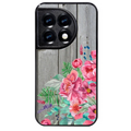 Coque noire taperso pour OnePlus 11 et 12 avec motif bois gris et fleur rose protection antichoc personnalisée