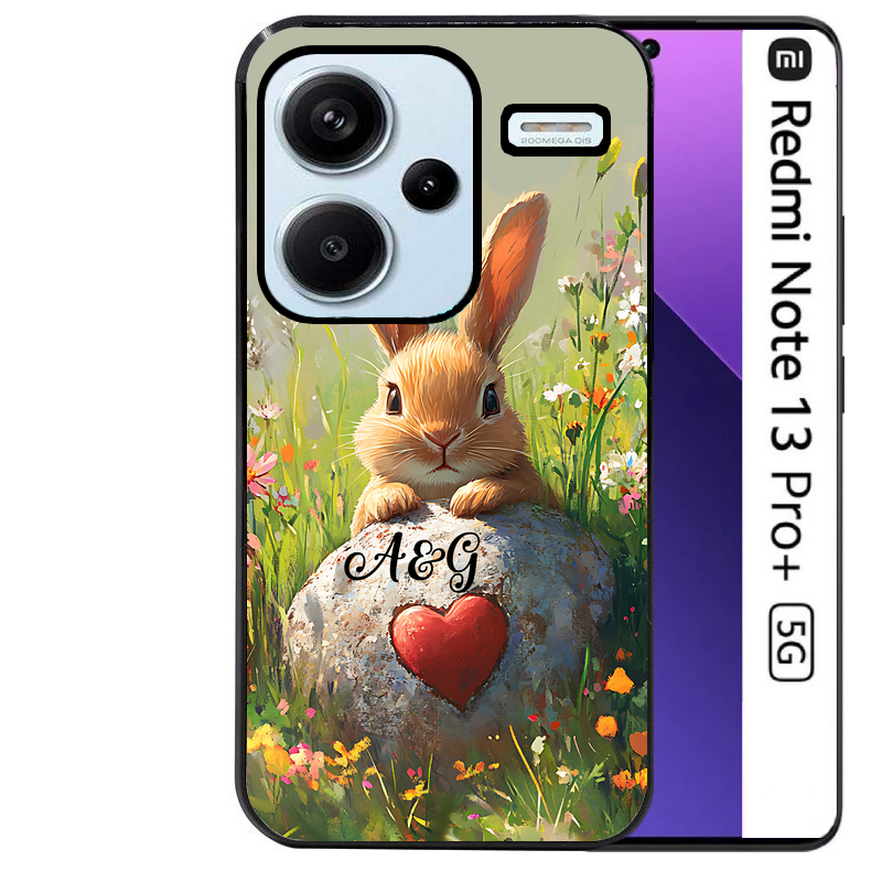 Coque noire taperso pour Redmi Note 13 PRO PLUS 5G avec motif lapin et fleurs personnalisee protection antichoc personnalisée