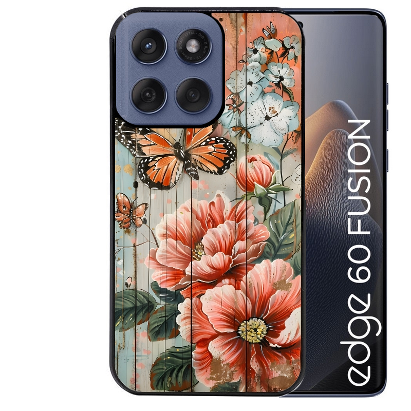 Coque noire taperso pour Moto Edge 60 et Neo Fusion Pro avec motif bois et papillon 3 protection antichoc personnalisée
