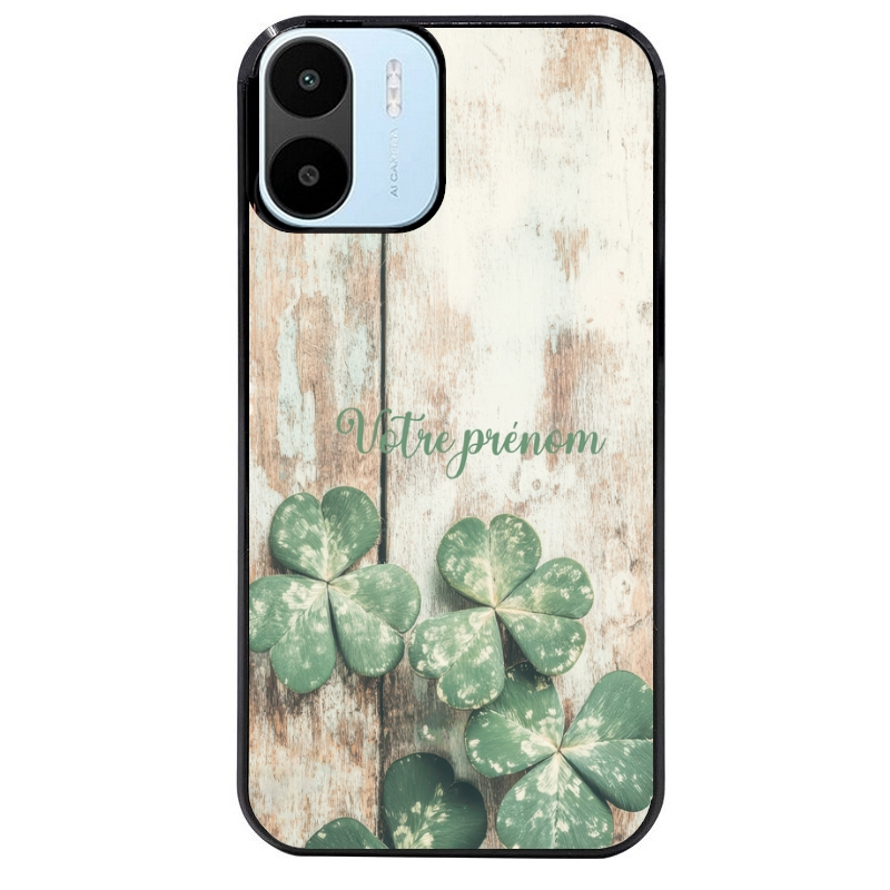 Coque noire taperso pour Redmi A1 et A2 avec motif bois et trefle personnalisee protection antichoc personnalisée