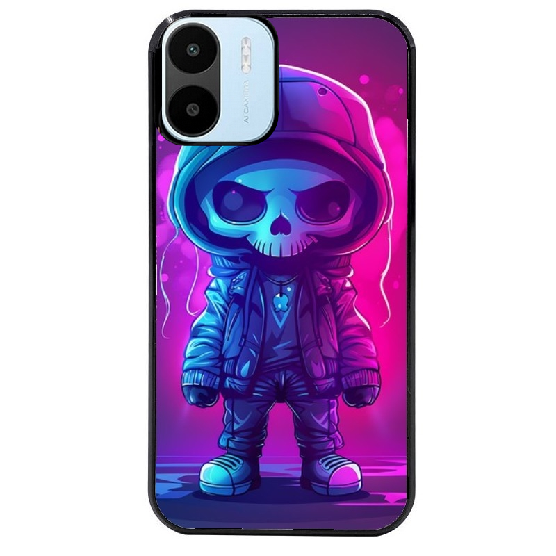Coque noire taperso pour Redmi A1 et A2 avec motif tete de mort skull fluo protection antichoc personnalisée