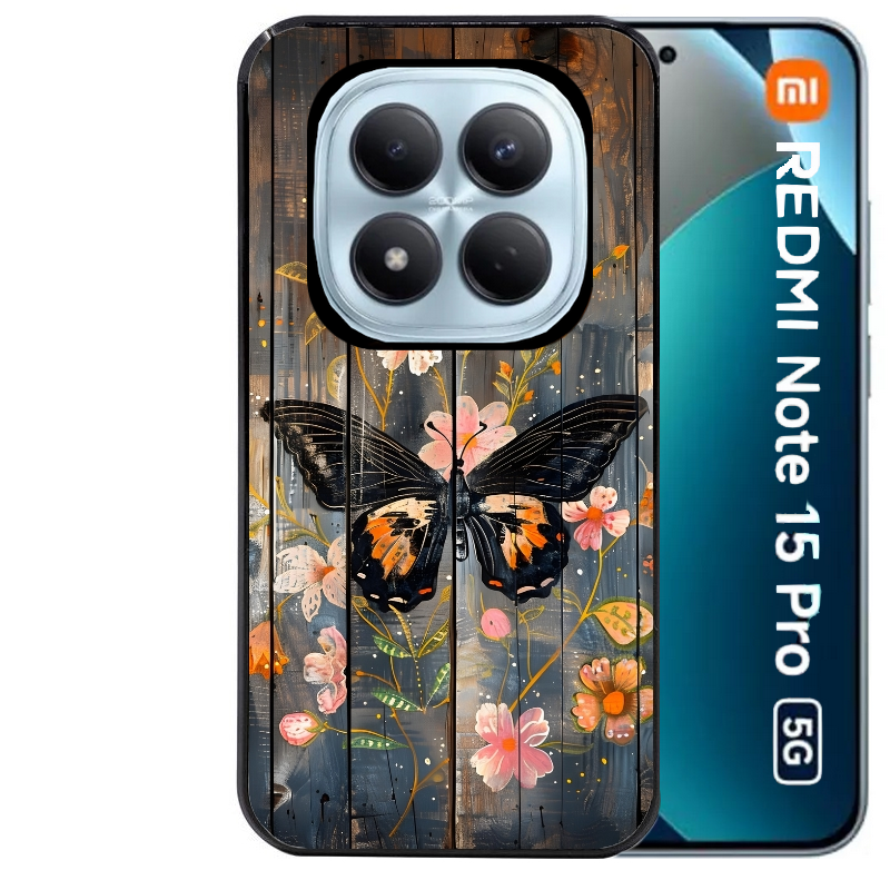 Coque noire taperso pour Redmi Note 15 et PRO PLUS 4G 5G avec motif bois et papillon 2 protection antichoc personnalisée