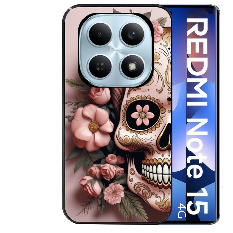 Coque noire taperso pour Redmi Note 15 et PRO PLUS 4G 5G avec motif tete de mort calavera rose protection antichoc personnalisée